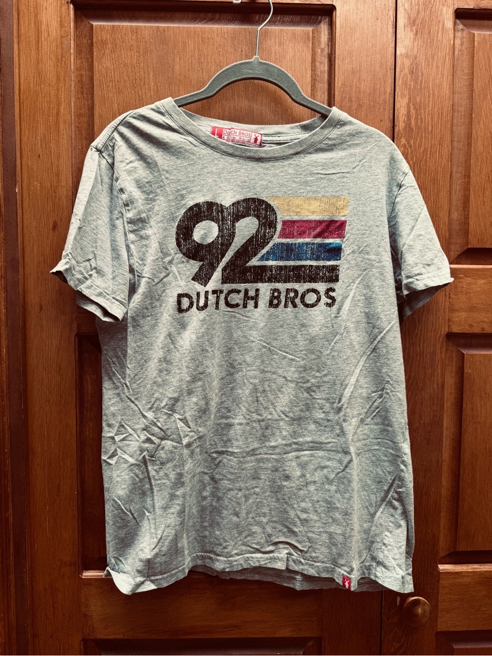 Dutch Bros Light Gray Short Sleeve Tee with '92' Multicolor Logo